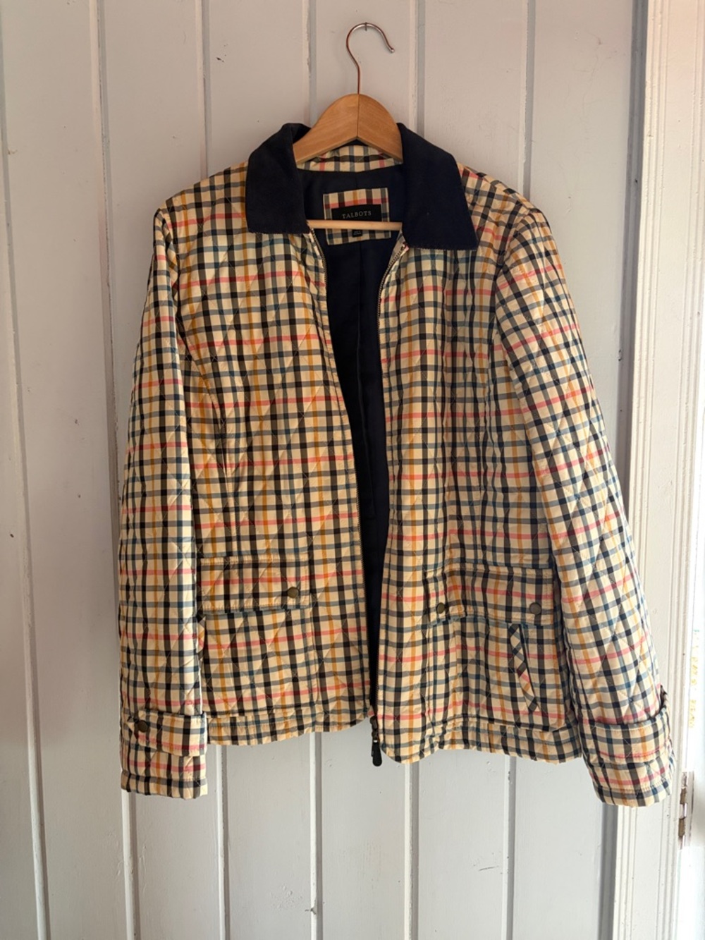 Talbots Cream Plaid Quilted Jacket with Navy & Red Accents